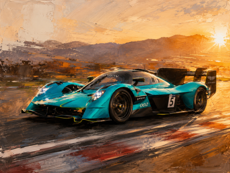 Türkisfarbener Aston Martin Valkyrie Hypercar vor orange leuchtender Berglandschaft