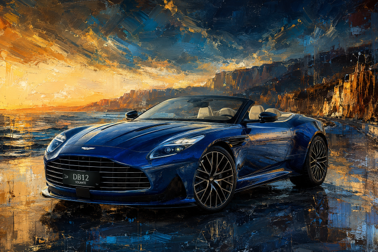 Blauer Aston Martin DB12 Volante vor goldener Küste und dunklem Abendhimmel