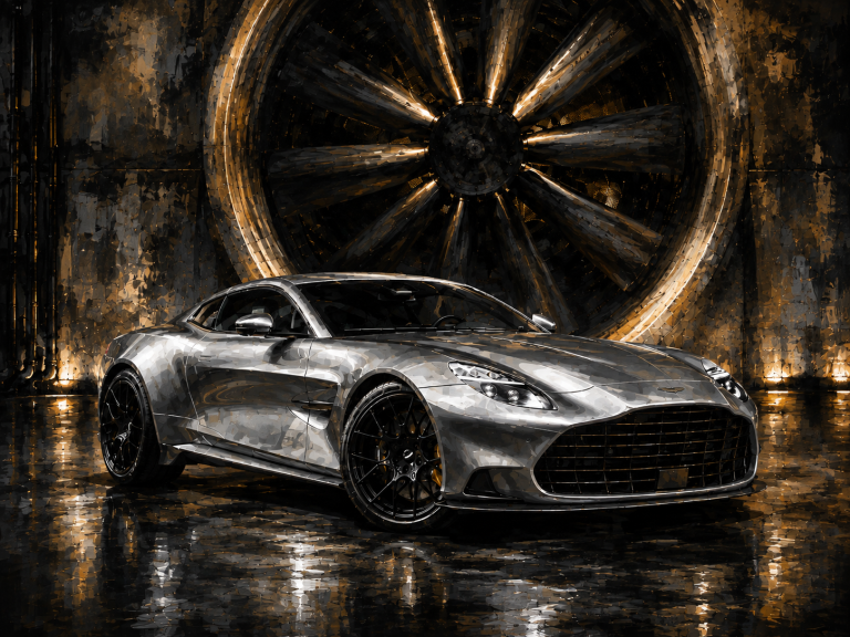 Silberner Aston Martin DB12 vor einer großen beleuchteten Industrieturbine