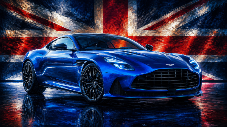 Blauer Aston Martin DB12 S vor einem malerischen Union-Flag-Motiv