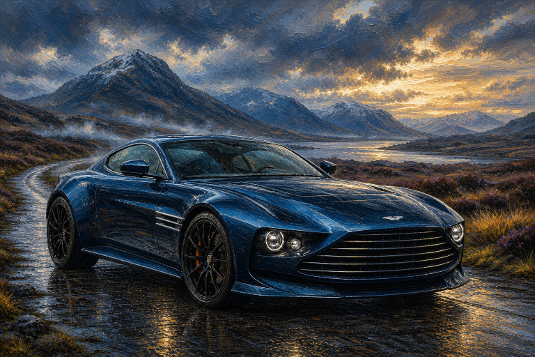 Dunkelblauer Aston Martin Valour auf nasser Straße in einer dramatischen Berglandschaft