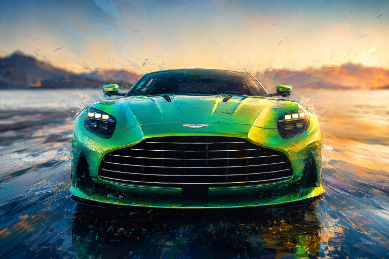 Grüner Aston Martin DB12 frontal vor Wasser, Bergen und warmem Morgenlicht